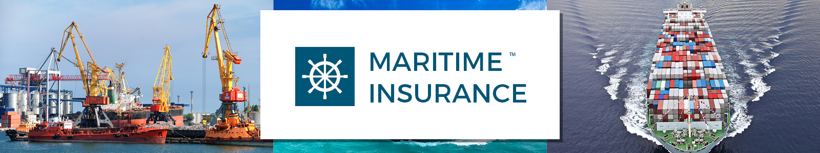 Maritime Insurance banner with cargo ship and industrial port cranes, highlighting shipping and logistics.