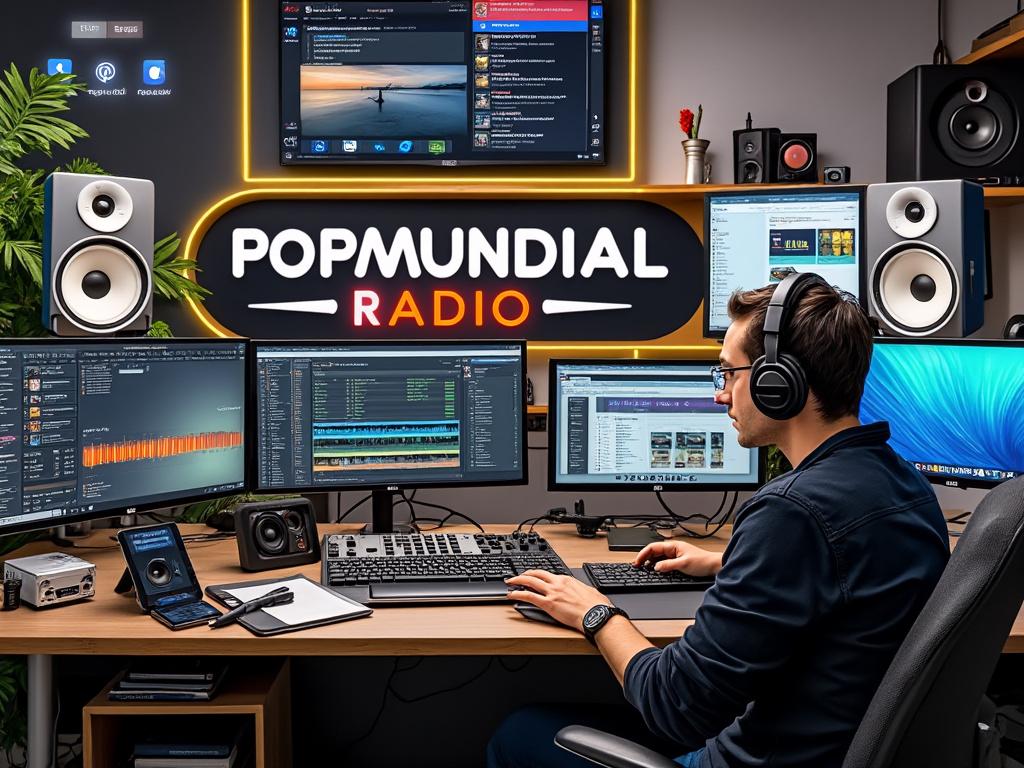 Man wearing headphones working at a radio station with multiple monitors displaying audio editing software and the sign 'Popmundial Radio' in the background.