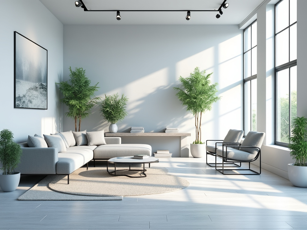 Modern living room with large windows, light gray sectional sofa, two armchairs, indoor plants, and a minimalist decor.