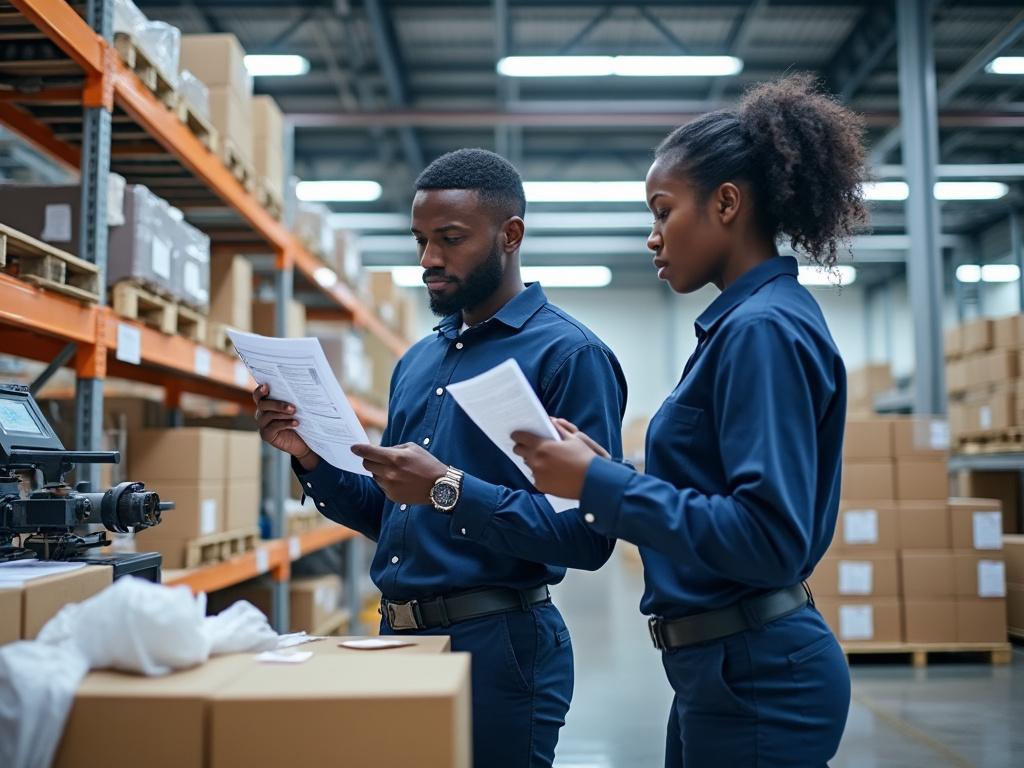 Two warehouse workers checking documents in an industrial storage area with shelves of boxes in the background.