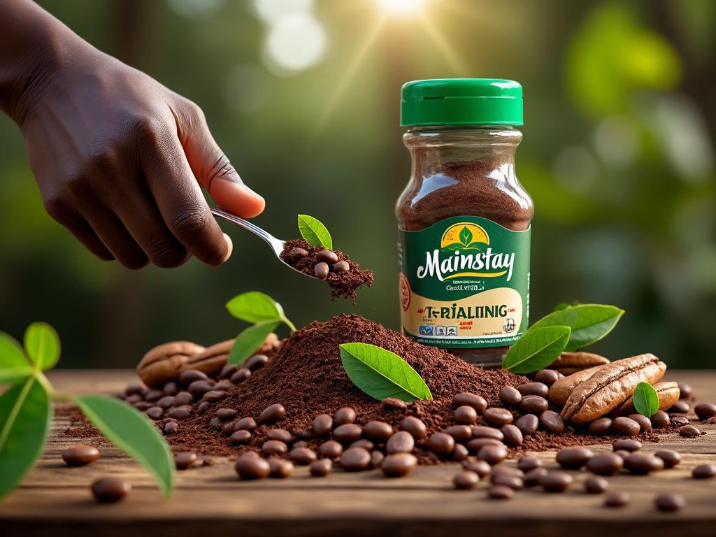 Hand holding a spoon above a jar of Mainstay coffee surrounded by coffee beans and green leaves on a wooden table with a sunlit background.