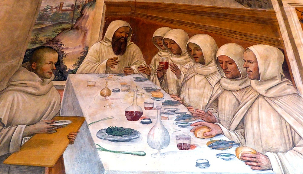 Gemeinsames Mahl im Refektorium
Detail: rechts vorne möchte der Mönch das Brot seinem Mitbruder wegnehmen !