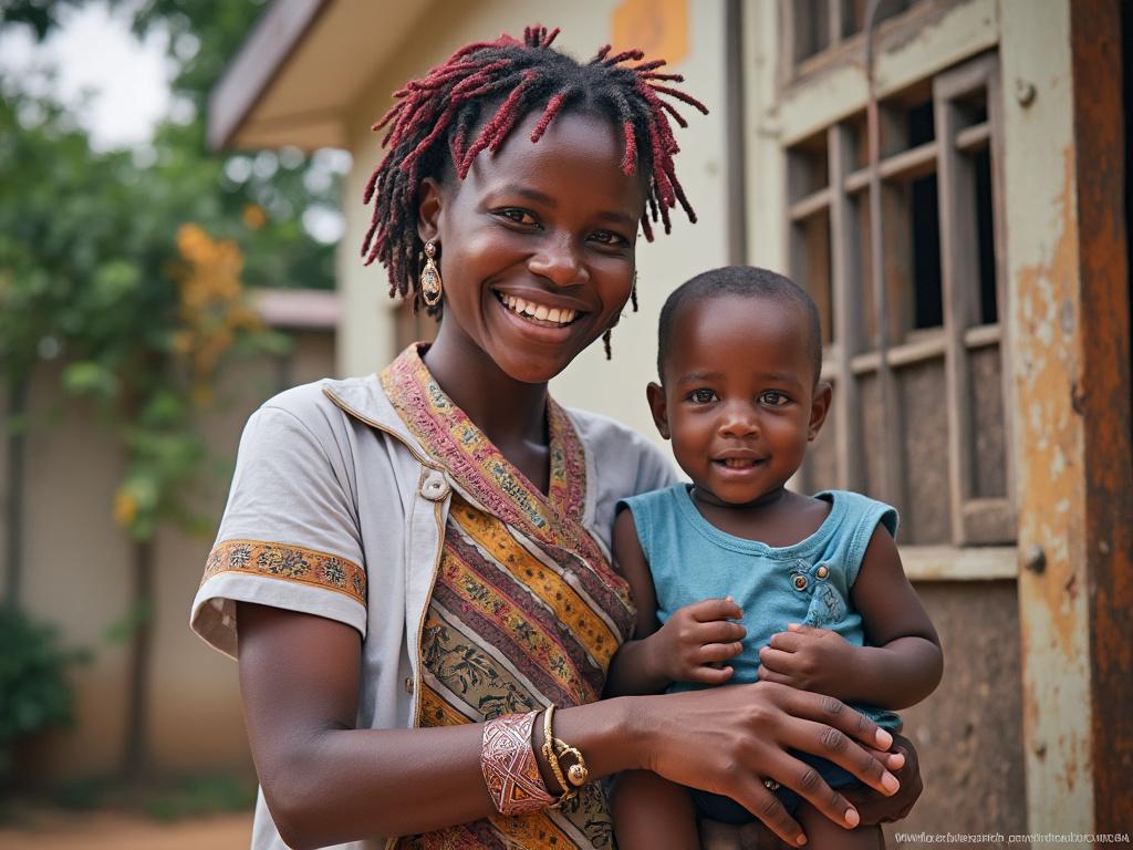 Smiling woman with red-tinted braids holding a happy toddler outdoors.
