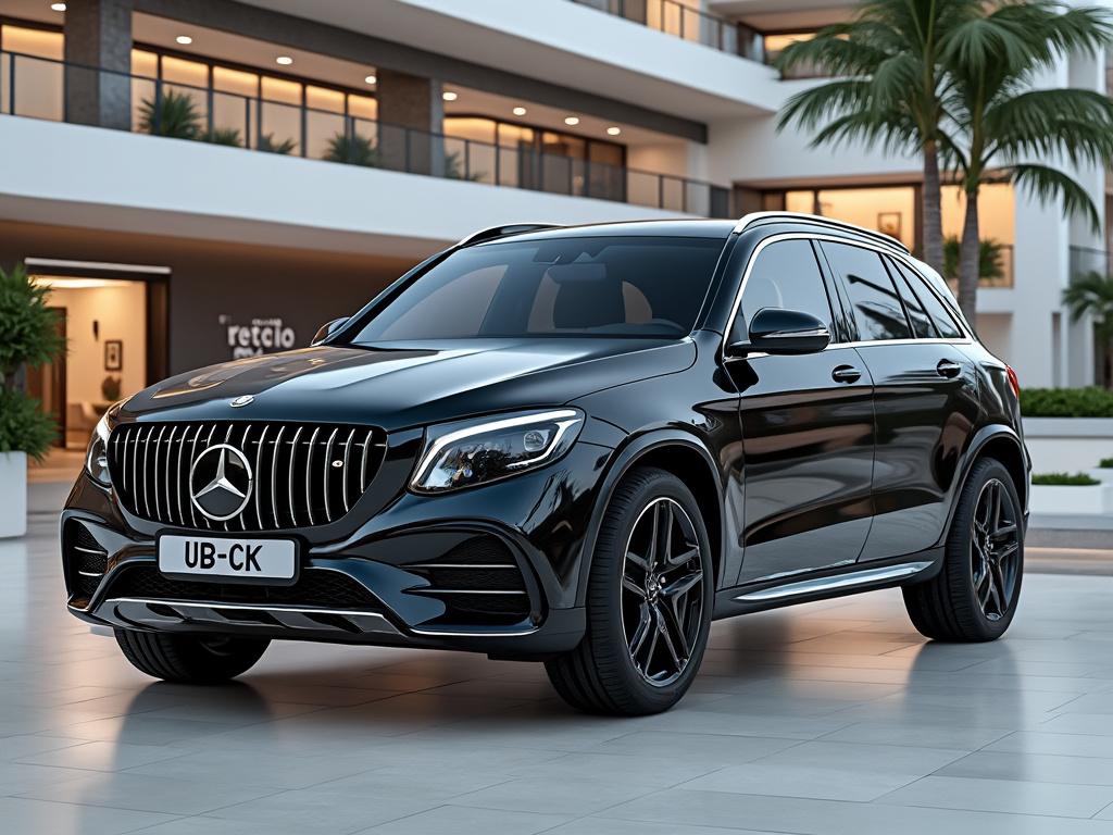 Luxury black SUV parked in front of a modern building with palm trees and large windows.