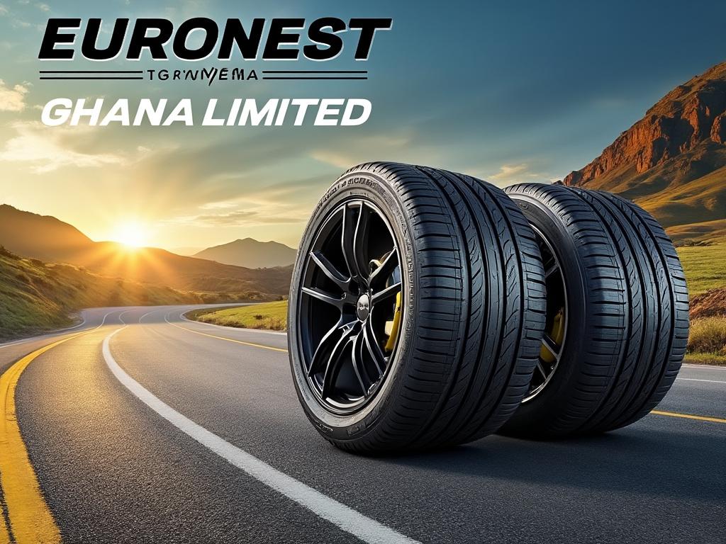 Euronest Ghana Limited tires on a scenic winding road with a sunset background.