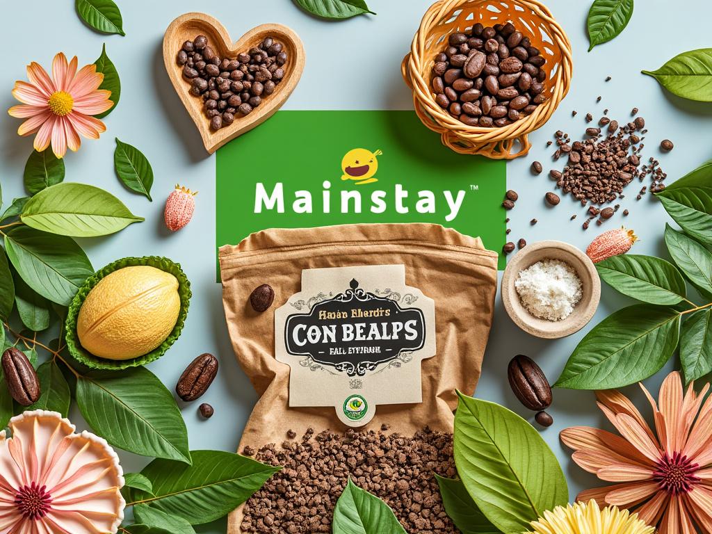 Assorted coffee beans and leaves surrounding a bag of Con Bealps coffee by Mainstay, with flowers and a lemon-like fruit on a light surface.