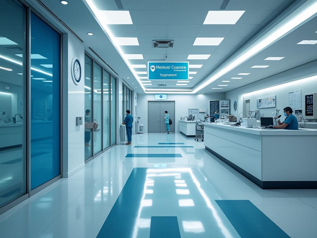 Modern hospital corridor with staff working at a reception desk, wearing scrubs and masks, illuminated by bright lights and lined with blue and white flooring. Modern hospital corridor with staff working at a reception desk, wearing scrubs and masks, illuminated by bright lights and lined with blue and white flooring.