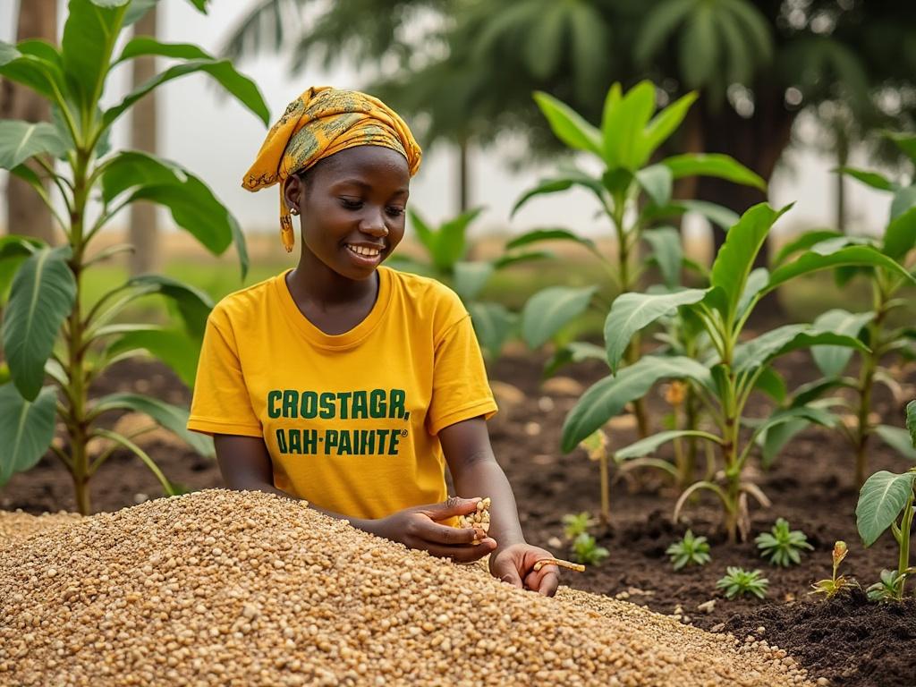 Smiling woman wearing a yellow shirt and headscarf harvesting grains in a lush green field.