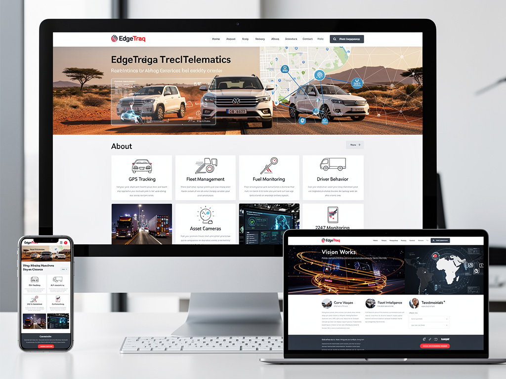 Responsive fleet telematics website design displayed on desktop, laptop, and smartphone screens with GPS tracking and vehicle management features