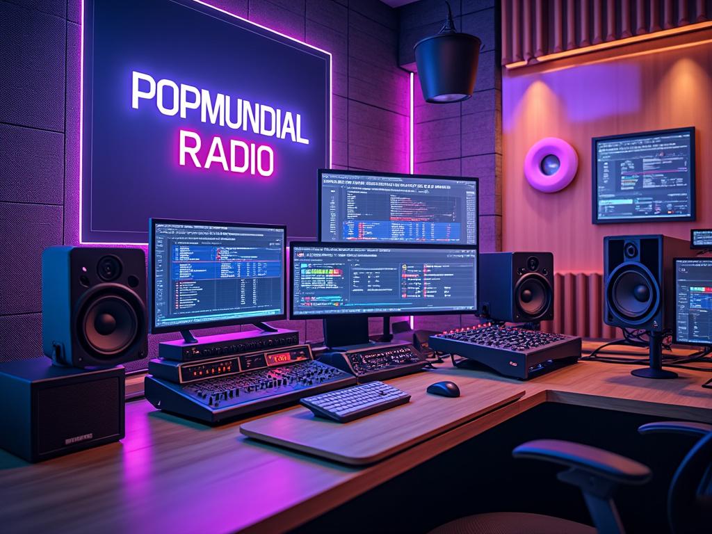Modern radio station studio with multiple computer screens displaying audio editing software, surrounded by speakers, and a neon sign reading 'Popmundial Radio' on the wall.
