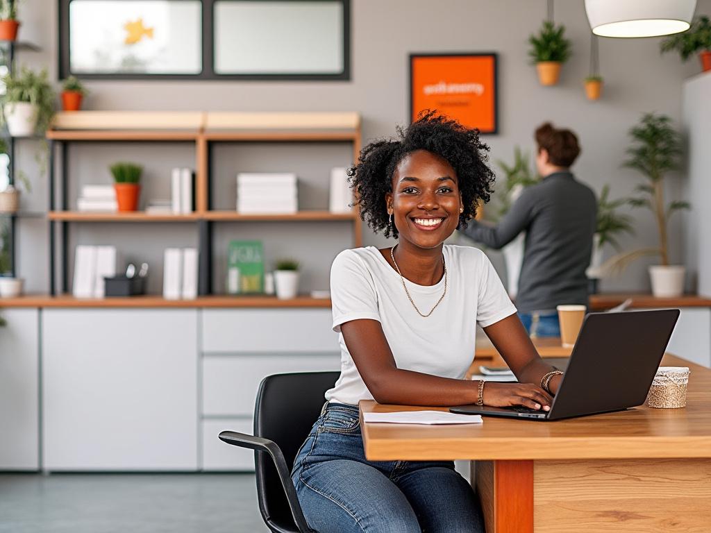 Smiling woman working on a laptop in a modern office setting with plants and shelves in the background.
