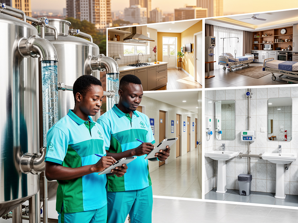 Water treatment technicians inspecting filtration system with residential kitchen, hospital room, hallway, and bathroom plumbing solutions
