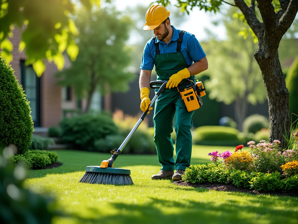 Gärtner in orangefarbener Schutzkleidung pflegt Rasen mit motorisiertem Besen in gepflegtem Garten.