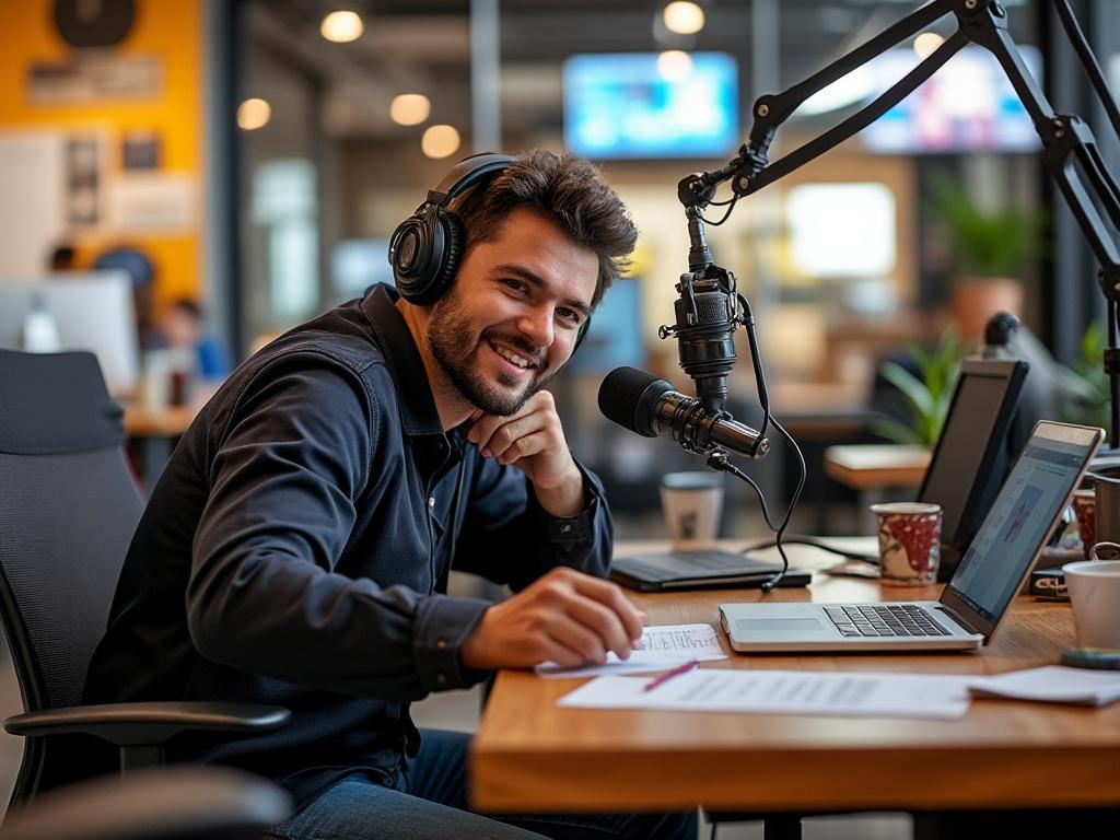 Man in headphones speaking into a microphone during a podcast recording in a modern office.