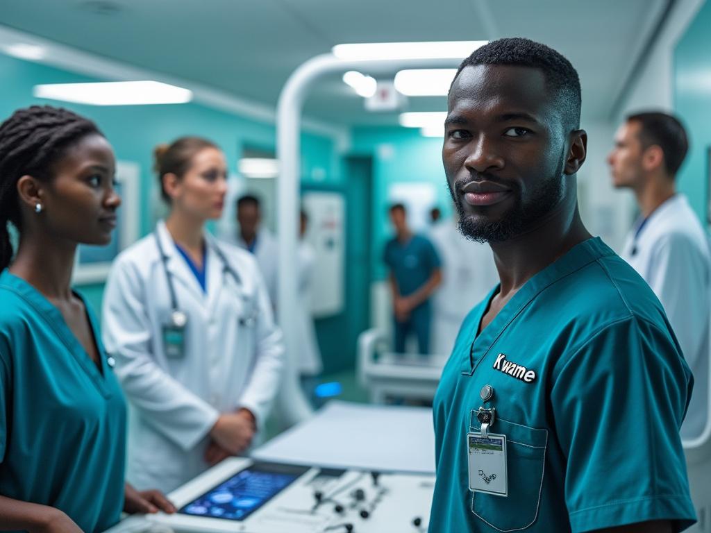 Medical team in hospital hallway with nurses and doctors in scrubs and lab coats, engaged in discussion.