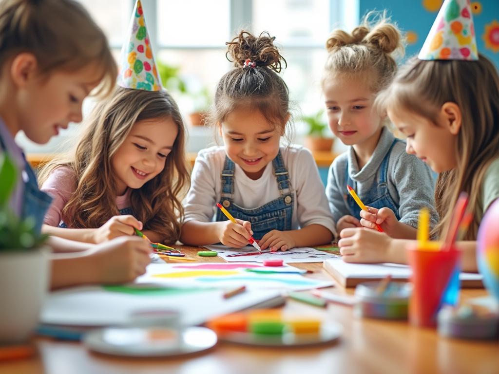 Group of children wearing party hats drawing with crayons around a table in a colorful classroom.