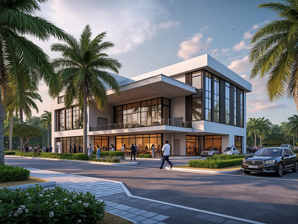 Modern two-story building with large windows surrounded by palm trees and people on the street in a tropical setting.
