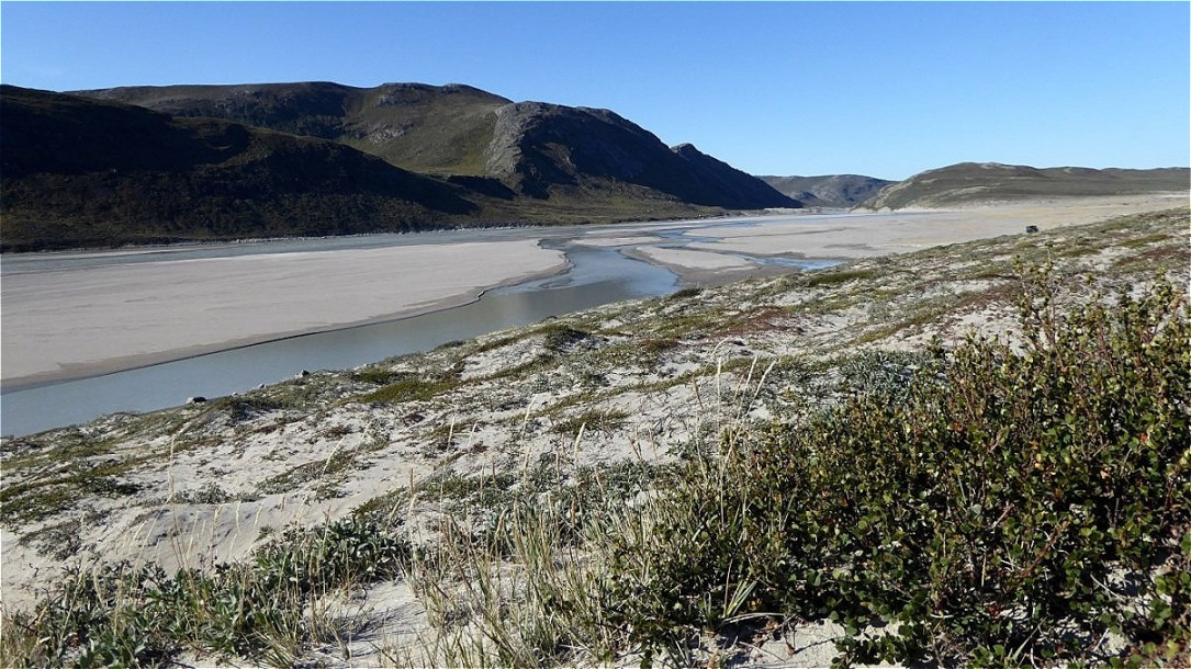 Schmelzwasser strömt vom Rentiergletscher talaus - riesige Mengen von Sedimenten lagern sich ab !