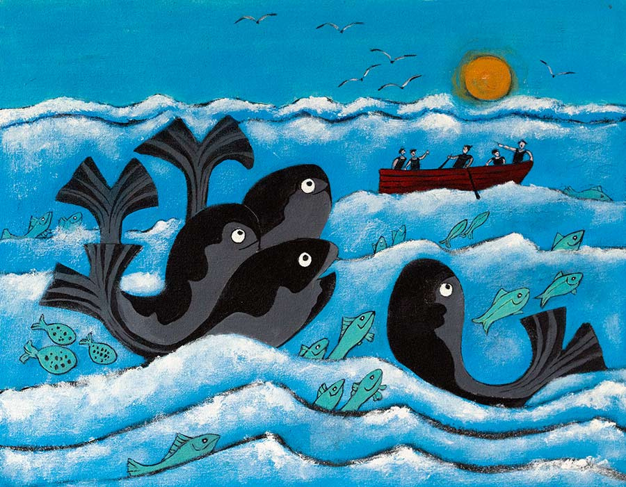 funny painting of whales surrounding a small boat with fishermen by Welsh artist Muriel Williams