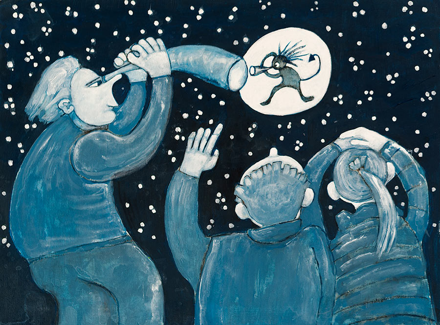 painting of astronomers gazing at the man on the moon by Welsh artist Muriel Williams