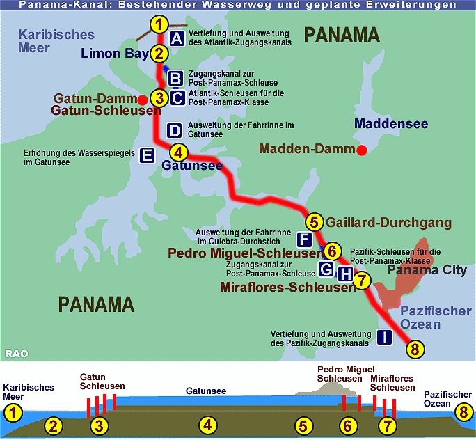 Profil - Panamakanal
Der Panamakanal ist etwa 82 Kilometer lang. Die Wasserstraße, durchschneidet die die Landenge von Panama in Mittelamerika und verbindet den Atlantik mit dem Pazifik.