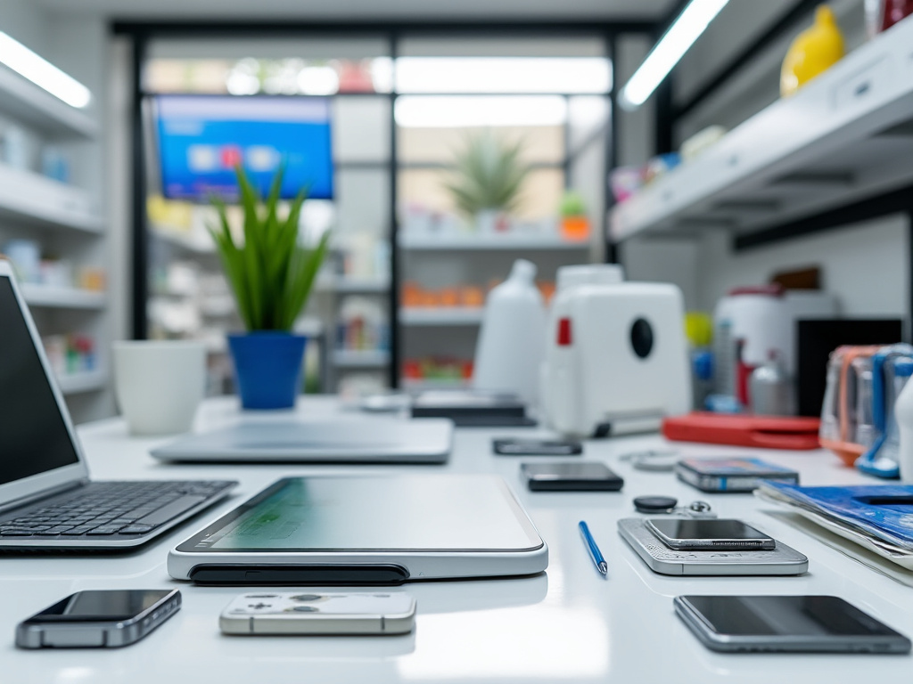 Modern office workspace with electronic gadgets, laptop, smartphone, and office supplies on a white desk, with a blurred background of shelves and a large monitor screen.