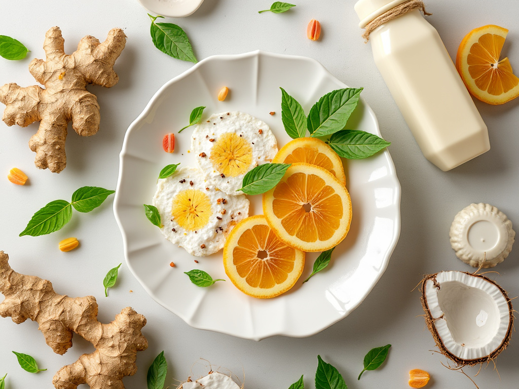 Healthy breakfast with orange slices, ginger, and leaves on a white plate, accompanied by a bottle of milk and coconut pieces on a light background.