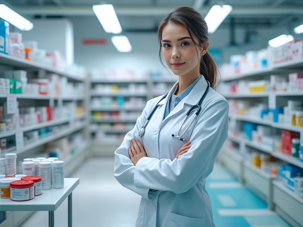 Farmacêutica com estetoscópio cruzando os braços em farmácia moderna com prateleiras cheias de medicamentos.