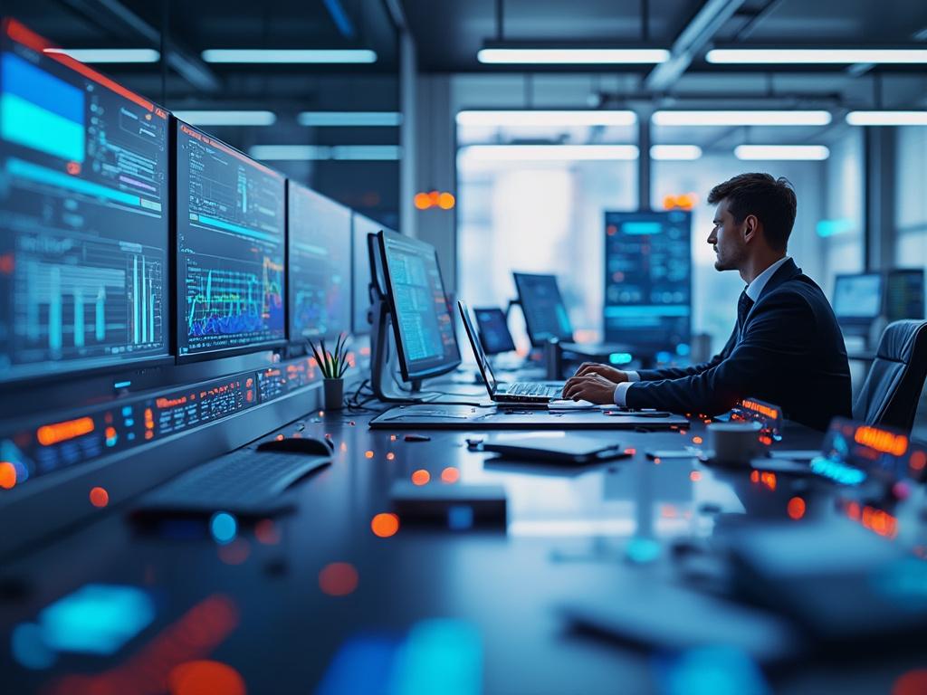 Bărbat tânăr lucrând la un computer într-un birou modern cu mai multe monitoare afișând grafice și date, iluminat albastru și portocaliu.