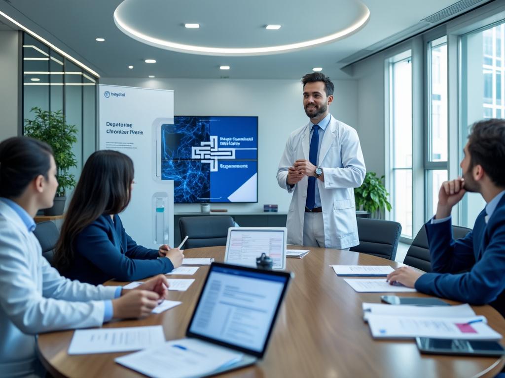 Medical professional giving a presentation to colleagues in a modern office setting with digital displays and documents on the table.