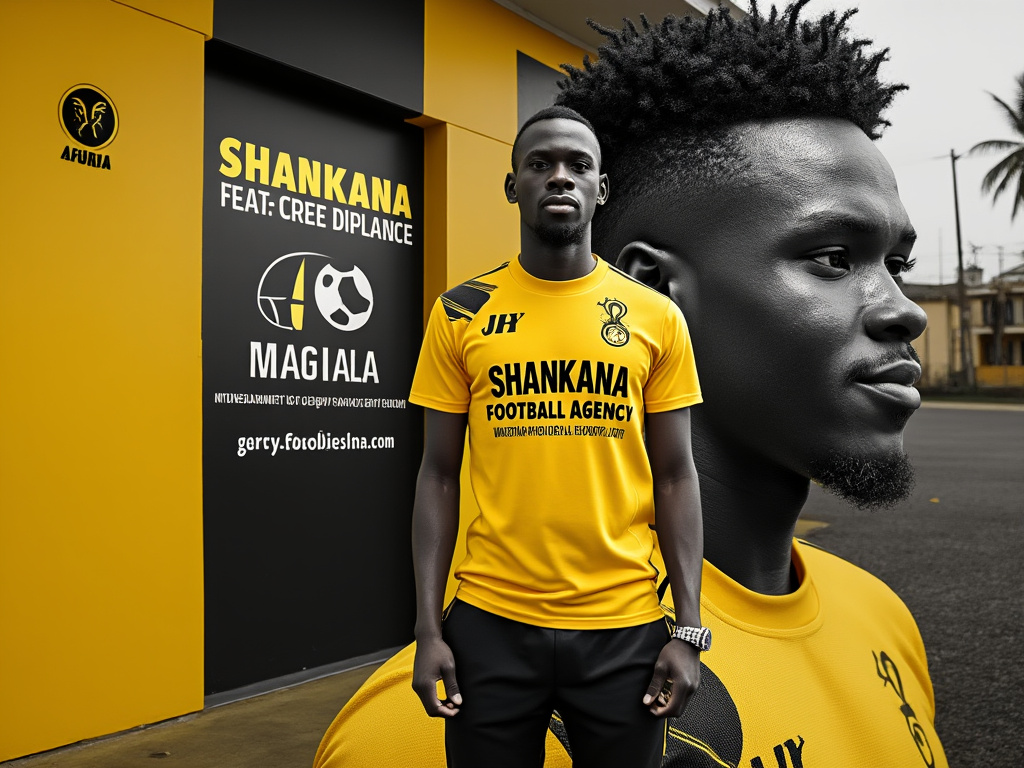 Man in yellow Shankana Football Agency jersey standing in front of a promotional backdrop featuring large portrait and brand graphics.