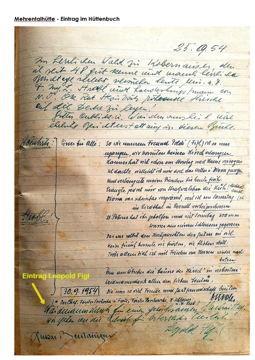 Handschriftlicher Eintrag vom 30. September 1954 mit Vermerk von Leopold Figl