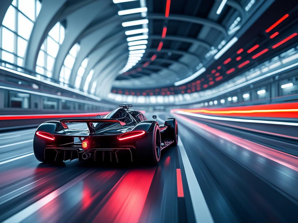 Futuristic black race car speeding through an illuminated tunnel with dynamic light trails. Futuristic black race car speeding through an illuminated tunnel with dynamic light trails.