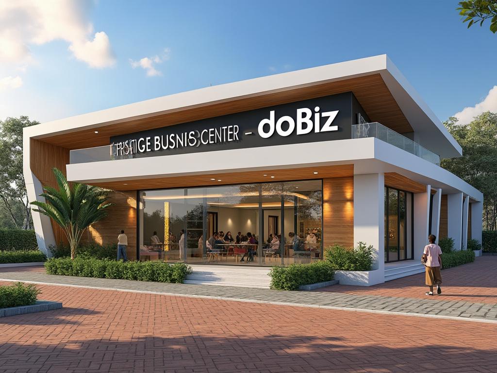 Modern business center with glass facade and sign saying 'Prestige Busniess [Business] Center - doBiz', surrounded by greenery and outdoor walkway.
