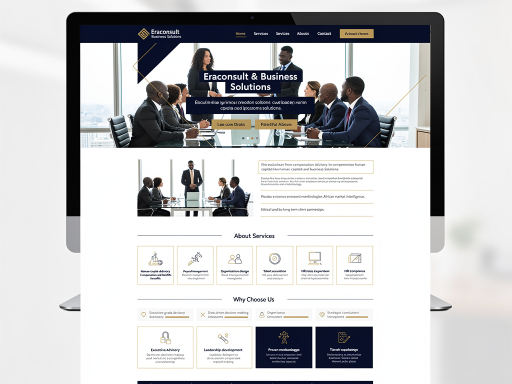 Eraconsult Business Solutions website design on desktop monitor featuring corporate meeting, HR consulting services, and professional business layout
