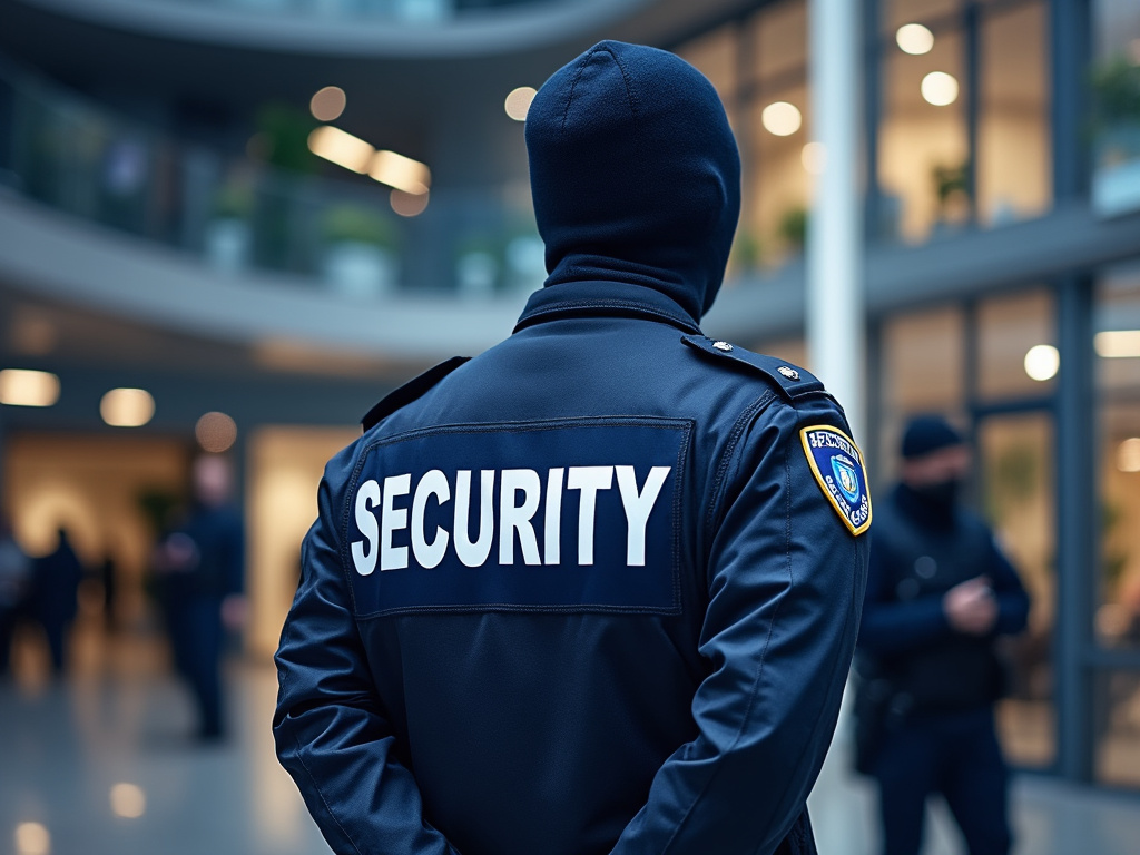 Agent de sécurité en uniforme dans un centre commercial moderne.