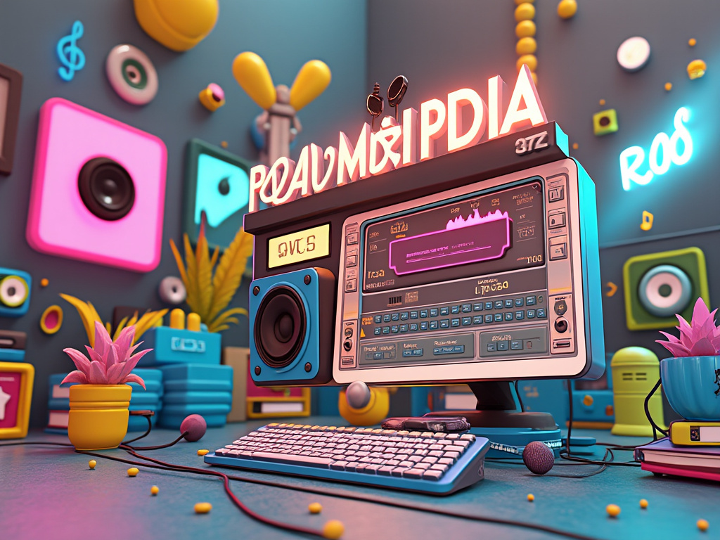 Colorful retro music studio with vintage computer, speakers, keyboard, neon signs, and playful audio decor
