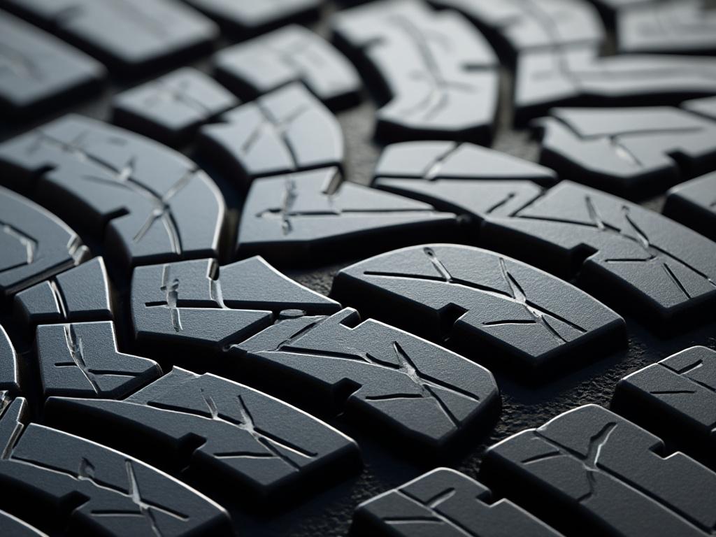 Close-up of rugged tire tread pattern highlighting deep grooves and textured surface on a black tire.
