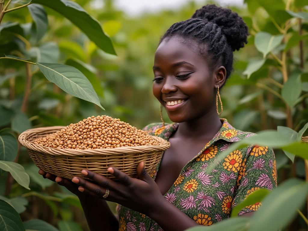 Smiling woman holding a basket of lentils in a lush green field.
