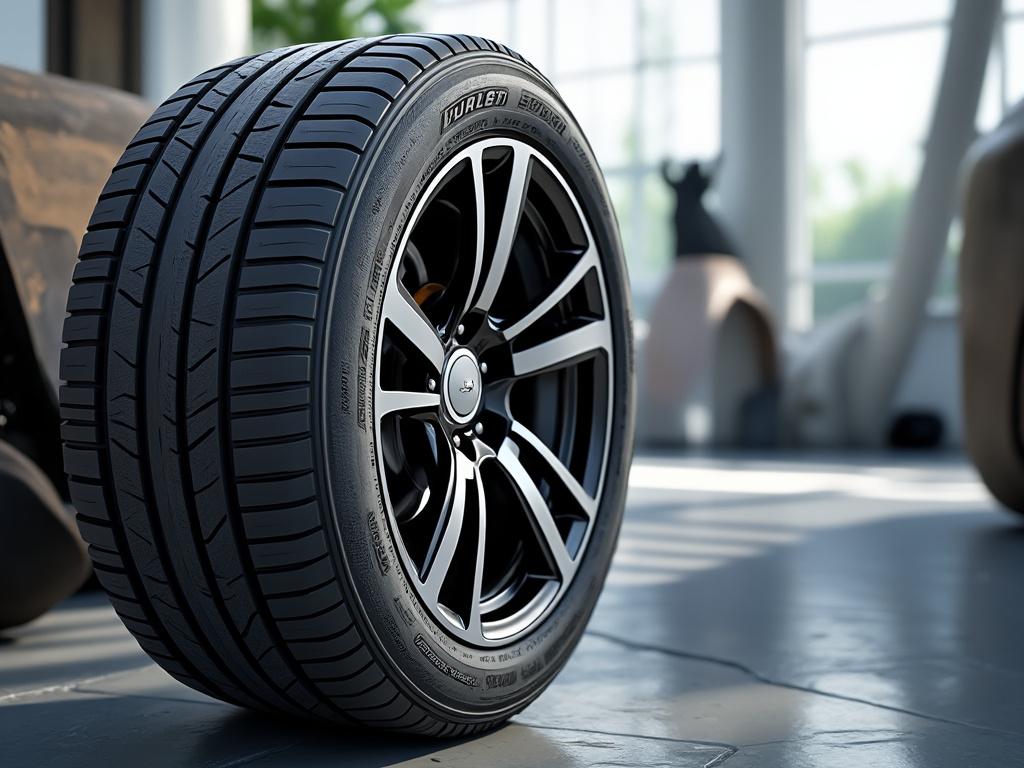 Close-up view of a modern car tire with alloy wheel on showroom floor, showcasing tread pattern and sleek design.
