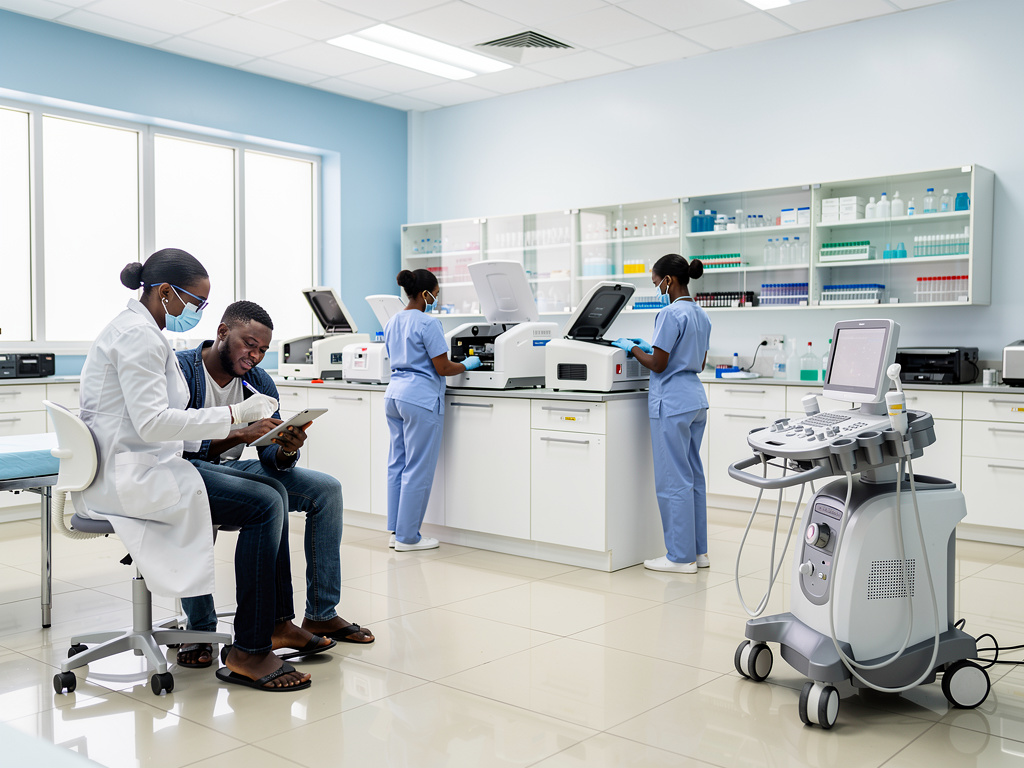 Doctor consulting patient with tablet in modern medical laboratory with nurses, diagnostic equipment, and ultrasound machine
Doctor consulting patient with tablet in modern medical laboratory with nurses, diagnostic equipment, and ultrasound machine