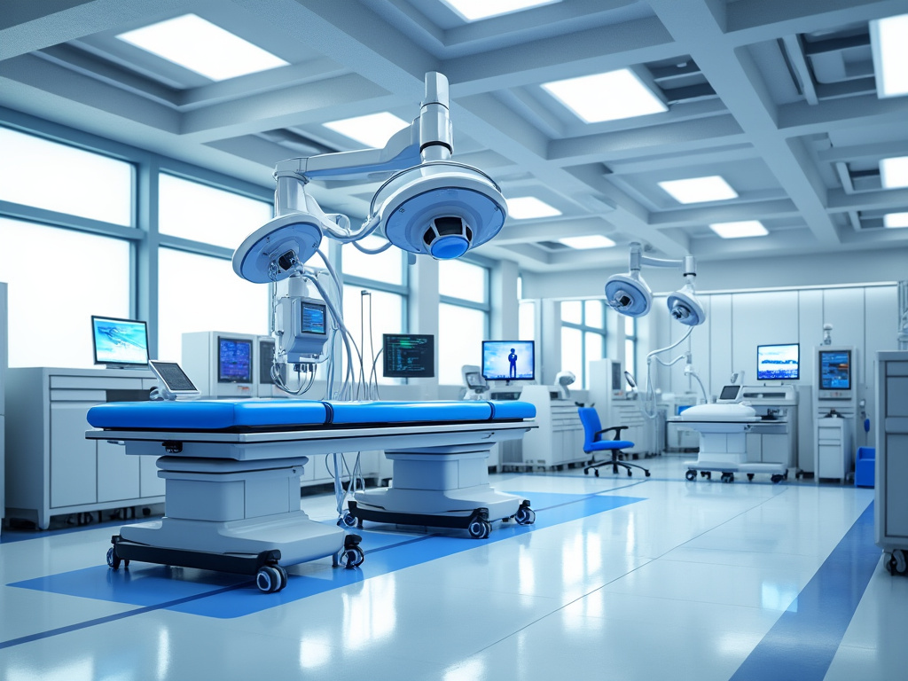 Modern surgical operating room with advanced equipment and blue surgical table.
