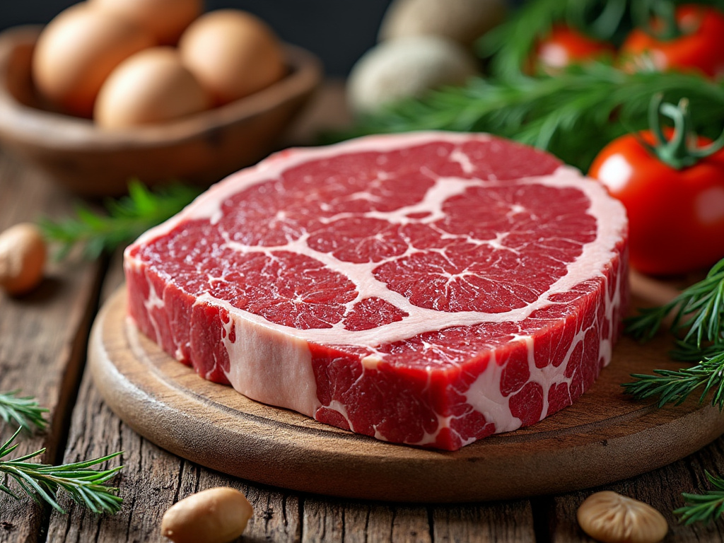 Rohes Rindersteak auf Holzbrett mit Rosmarinzweigen, Eiern und Tomaten im Hintergrund