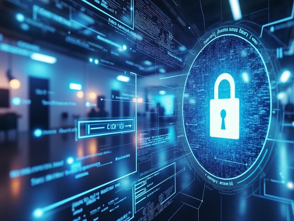 Digital lock symbol on a futuristic screen, representing cybersecurity with glowing blue technology.