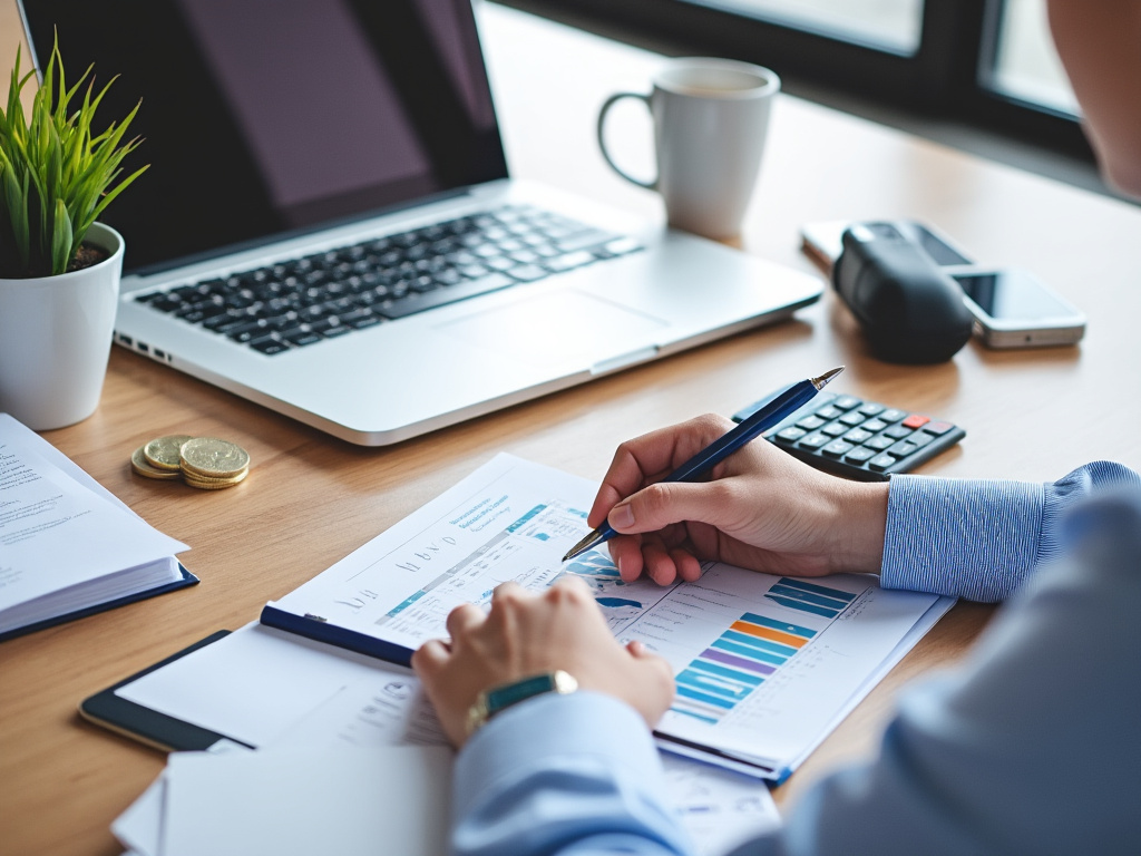 Pessoa analisando gráficos financeiros em escritório, com laptop, calculadora e planta sobre a mesa.