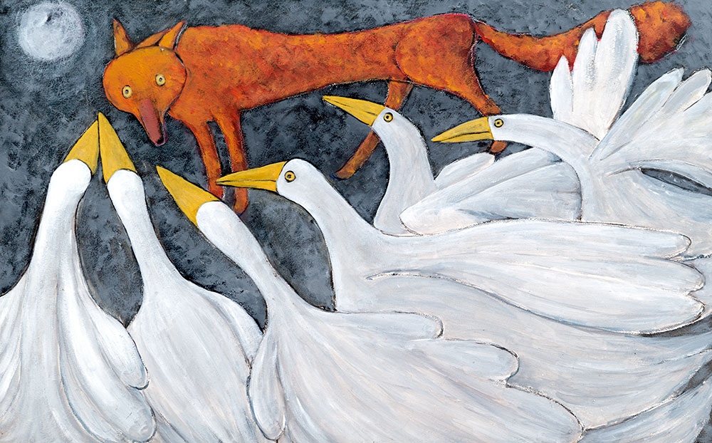 painting of a fox surrounded by geese by Welsh artist Muriel Williams