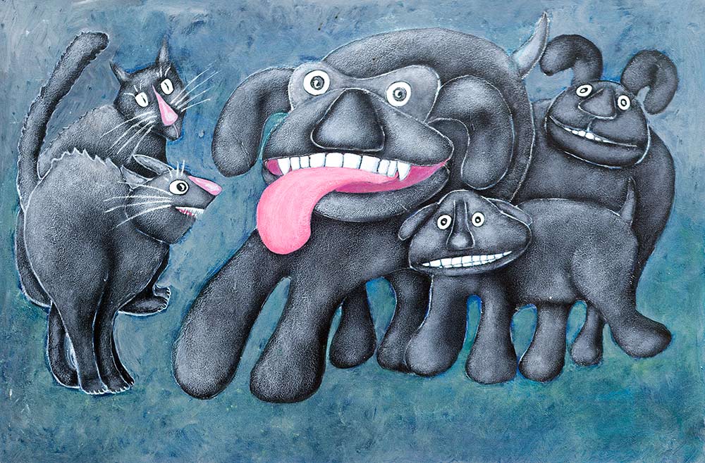 funny painting of dogs and cats by Welsh artist Muriel Williams