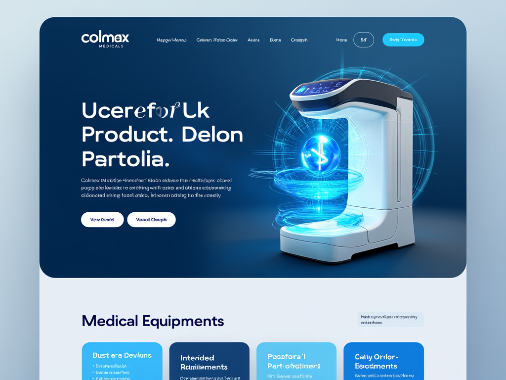 Medical equipment website homepage featuring a futuristic imaging device with holographic elements and navigation menu.