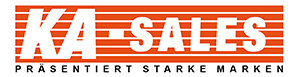 KA-Sales Logo mit dem Slogan ‚Präsentiert starke Marken‘ auf rotem Hintergrund