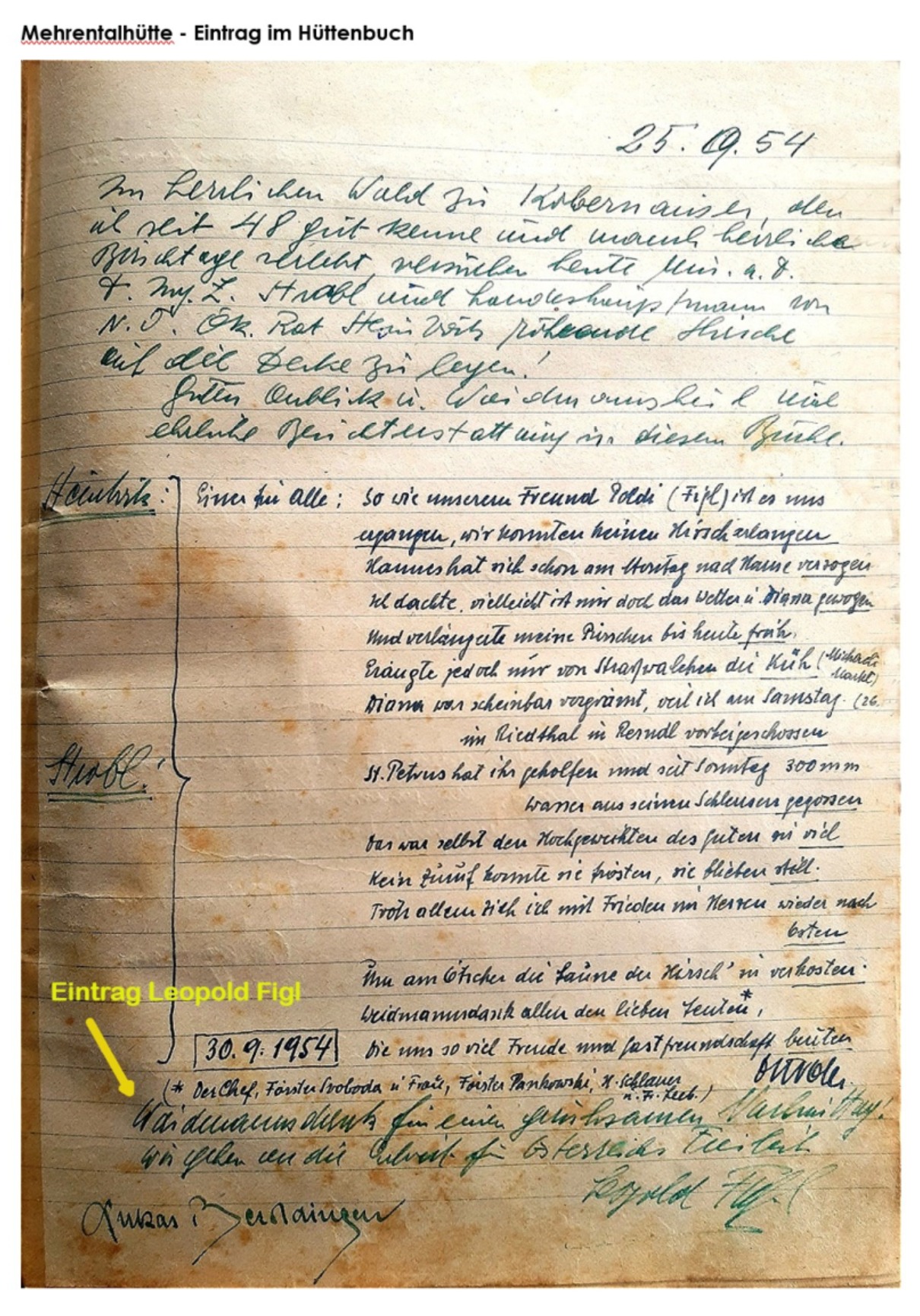 September 1954 - Originaleintrag im Hüttenbuch 